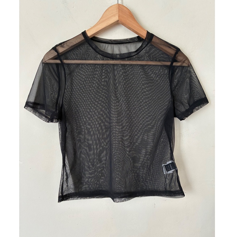 SHEIN Black Sheer Mesh Short Sleeve Top Crew Neck XL Layering Tee Goth Grunge